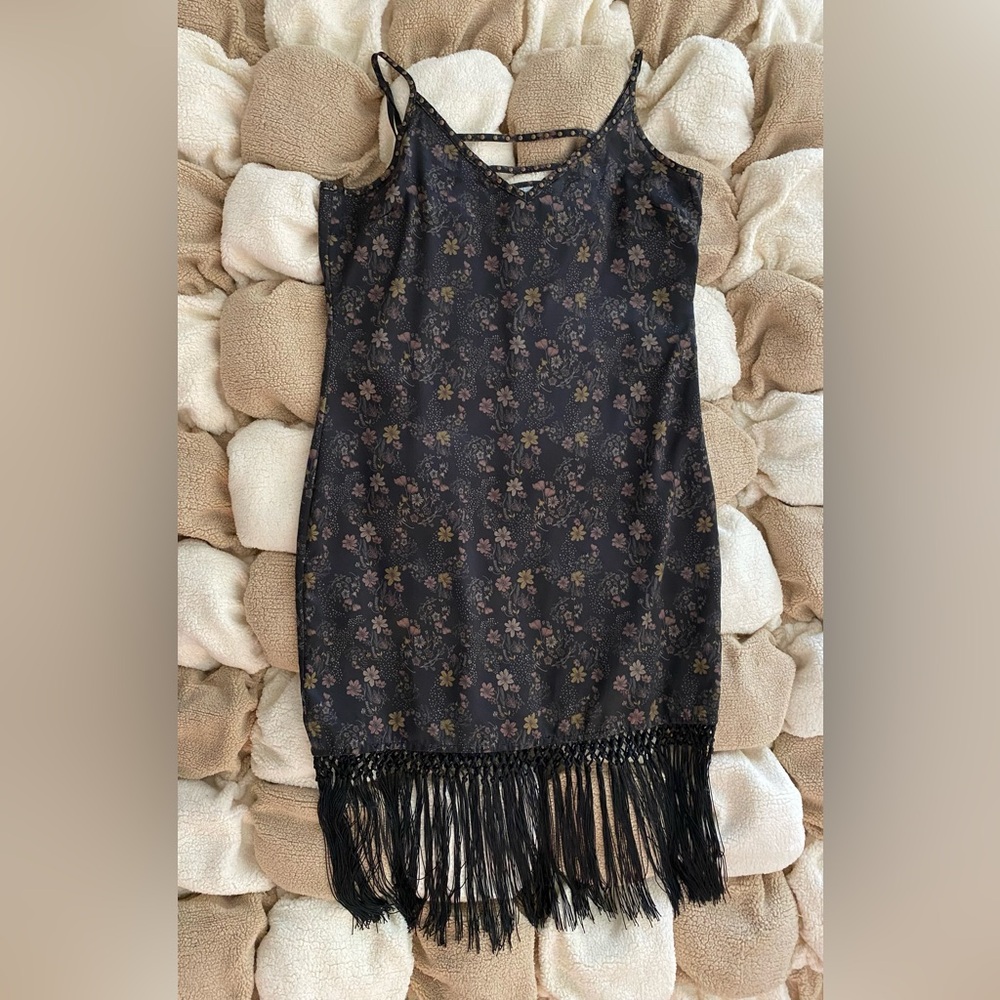 Idyllwind Black Floral Midi Dress with Fringe